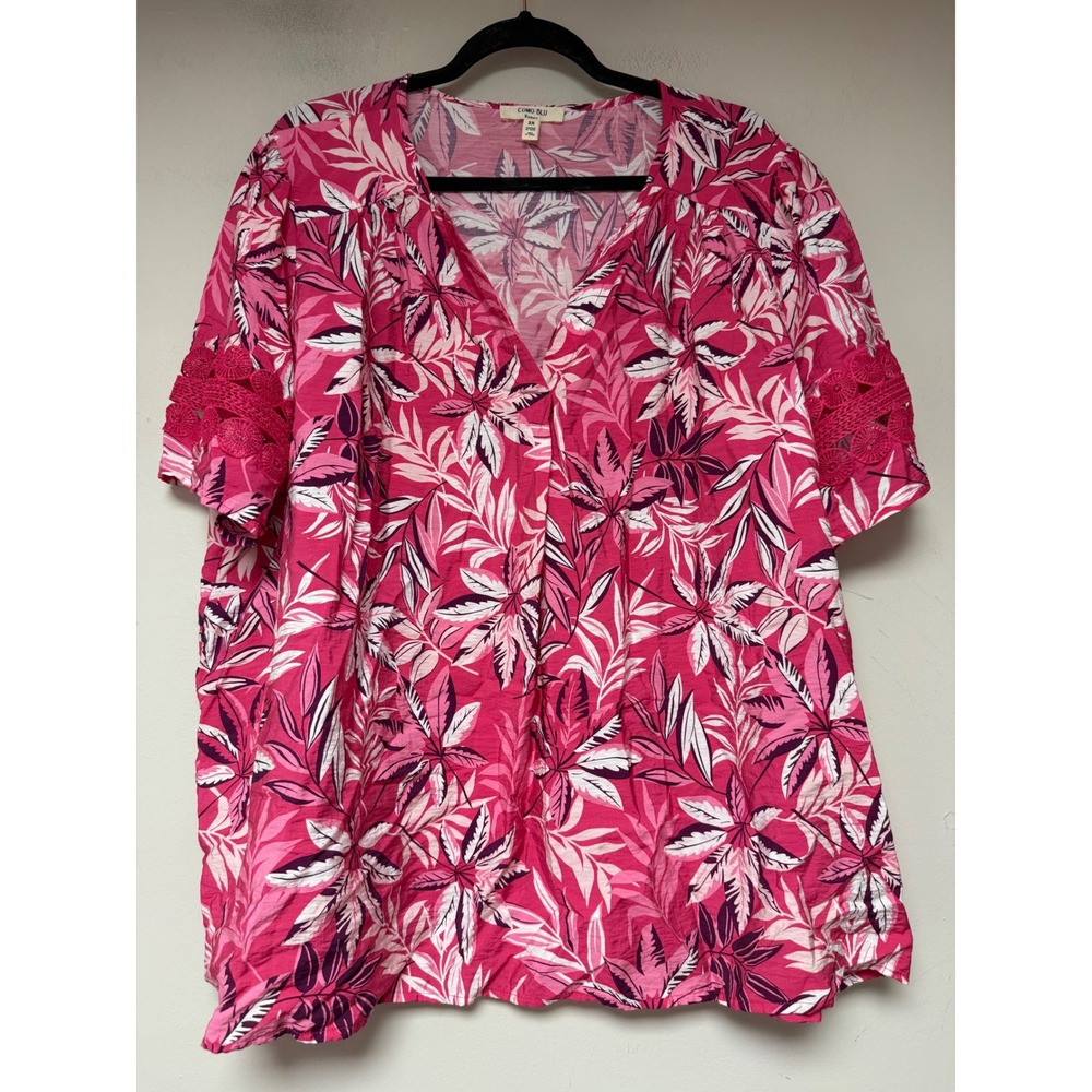 Como Blu Blouse Women 2X Pink Excellent Tropical Leaf Print Crochet Sleeve Boho
